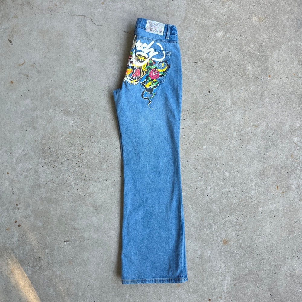 Ed Hardy Jeans Size 28 (30" Waist) Painted Tattoo Dragon Koi Y2K Baggy Low Rise - Picture 6 of 10